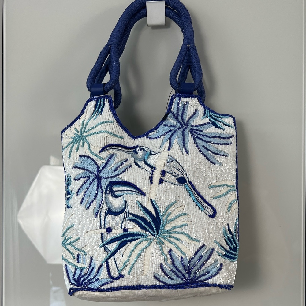 Hand-Beaded Blue & White Tropical Bird Resort Tote | Coastal Chic Like New - Picture 14 of 15
